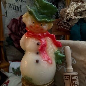 Vintage Festive Snowman Candle with Red Scarf and Green Hat (large)